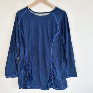 Lands End Sport Shirt Womens 2X Blue Floral Print Athletic Top 3/4 Sleeve Ruched